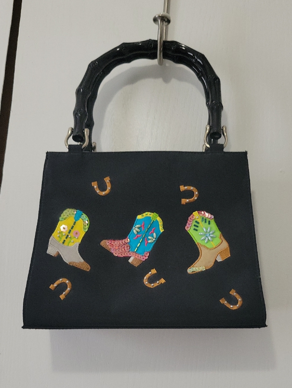 Nylan Black Western Boot Appliqué Tote Bag